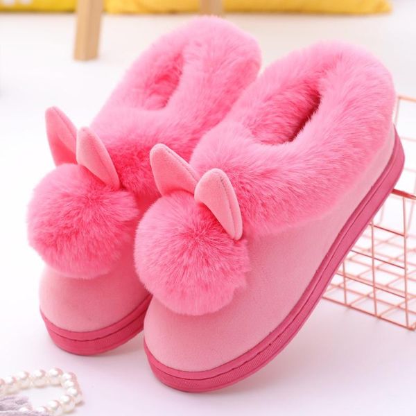 

2019 warm women's winter home furry ears indoor slippers soft comfort footwear shoe comfy platform flat sole slippers#11, Black