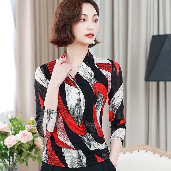 

casual korea women blouses shirt spring mesh lace office shirts blouse slim print shirts blusas femininas, White