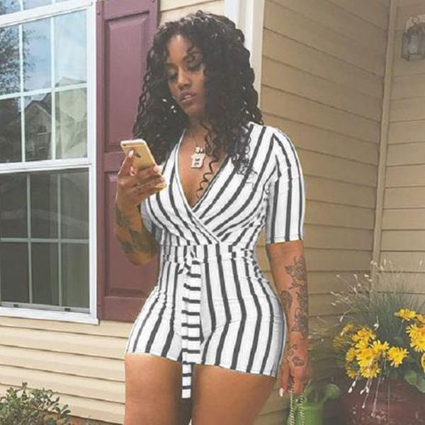 

vintage casual striped women playsuit half sleeve female bandage rompers womens jumpsuit shorts elegant bodycon summer overalls, Black;white
