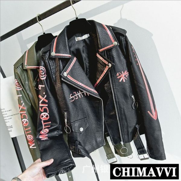 

new spring and autumn leather jacket women new korean short coats handsome letters printing motorcycle pu leather jackets, Black