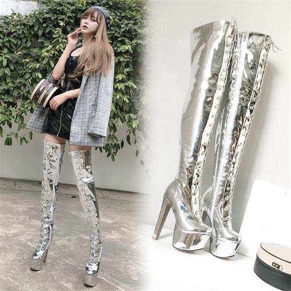 

pxelena gorgeous super high heels platform thigh high boots women shiny patent leather over the knee shoes lace up zip nightclub, Black