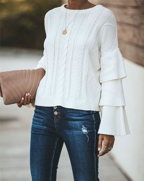 

autumn and winter 2019 new round neck pullover knitwear horn sleeve women loose fashion sweater, White;black