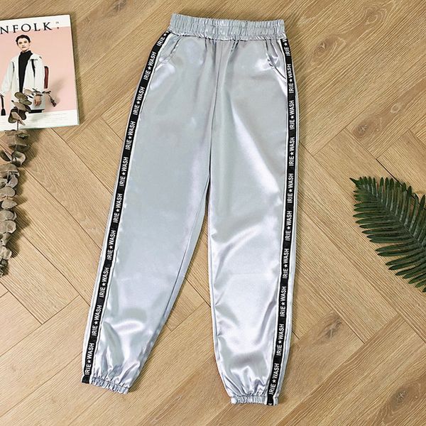 

womens summer satin highlight glossy thin pants new loose slim fit ribbon fashion harajuku joggers sports pants with big pocket, Black;white