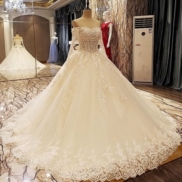 

champagne wedding dress with big bow long sleeves ball gown lace up back bridal dress floor length bohemian style, White