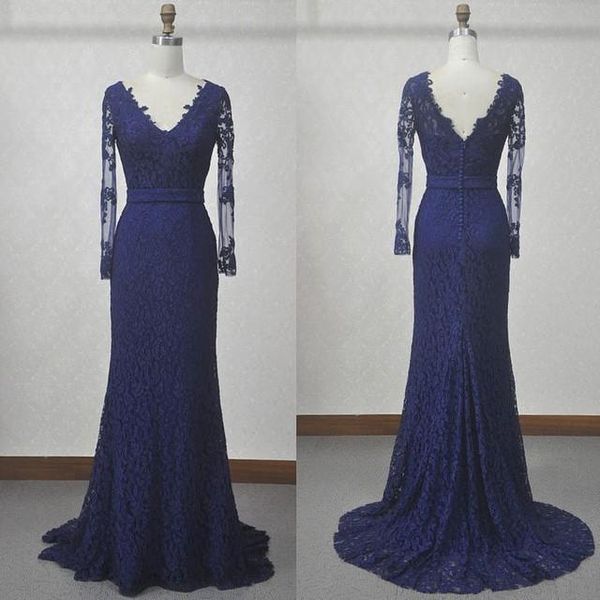 

2019 real picture dark navy lace evening gowns v-neck with long sleeve mermaid mother of bride dresses long custom made sizes, Black;red