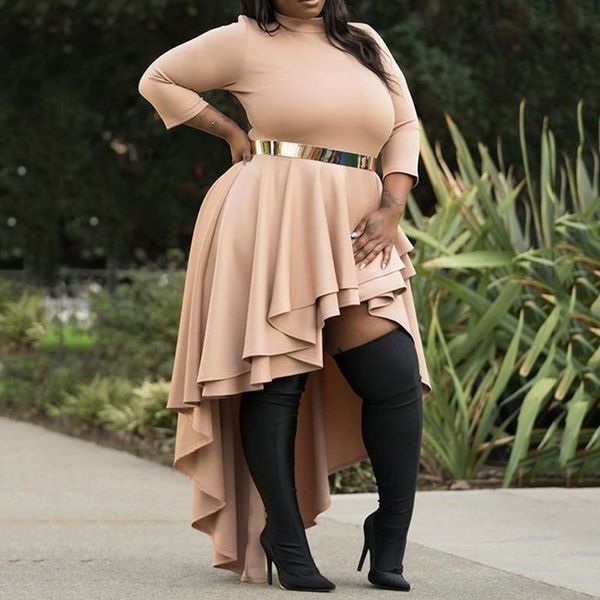 

плюс размер платья для женщин 4xl 5xl 6xl дамы осень осень водолазка асимметричный falbala высокая низкая длинные платья партии оборками, Black;gray