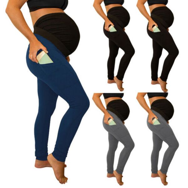 

2019 solid-color stitching long elastic high-waist side-pockets seamless stretch casual pants for maternity pregnancy women s-xl, Black;white