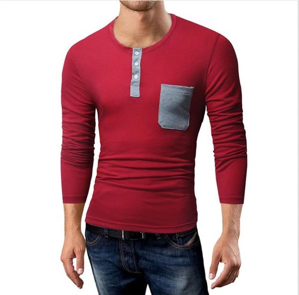 

color tshirt button placket long sleeve pocket tshirt fashion homme slim casual designer mens spell, White;black