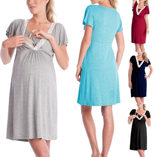 

women casual square collar flare sleeve summer, autumn lace ruffles mini maternity detachable bust dress, White