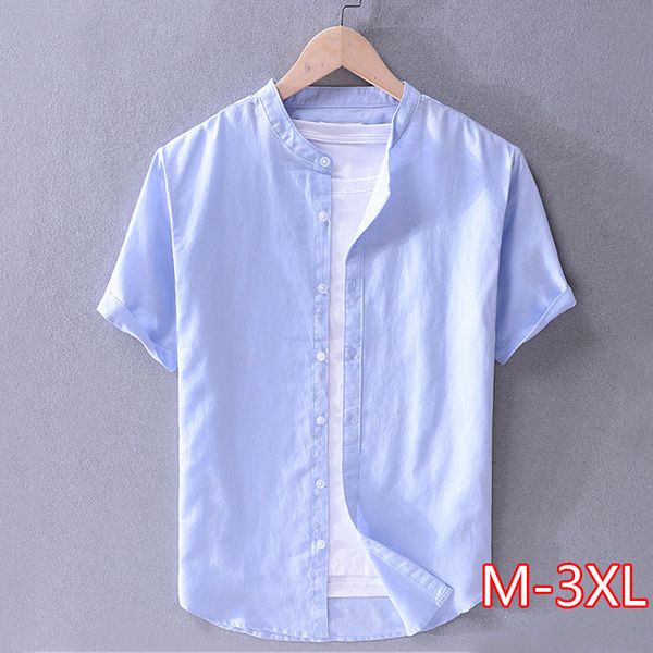 

new arrival brand linen shirts men summer solid yellow shirt mens fashion casual stand collar shirt male plus size camiseta, White;black