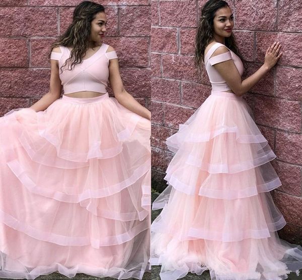 

two pieces tiered tulle prom dress formal wears for elegant ladies scop neck sleeveless custom made vestidos de soriee new long, White;black