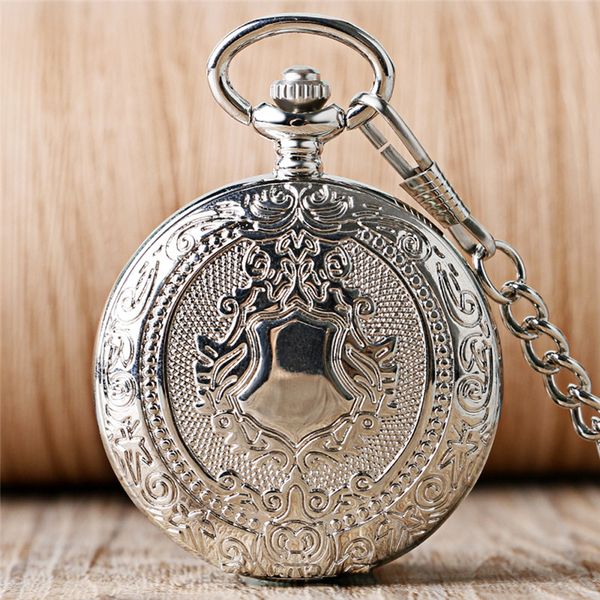 

retro classic silver color shield design pocket watch mechanical hand winding watches fob pendant chain clock for men women festival gift, Slivery;golden