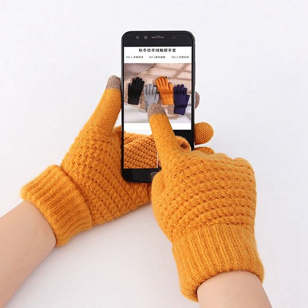 

knitted gloves women men kid thick warm winter full finger mittens female stretch crochet solid wool screen guantes, Blue;gray