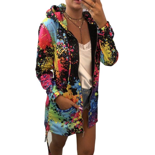 

woman hoodie women clothing long sleeve colorful zipper linen hooded hoodies women splash ink graffiti print hoodie art sweatshirt ladies, Black