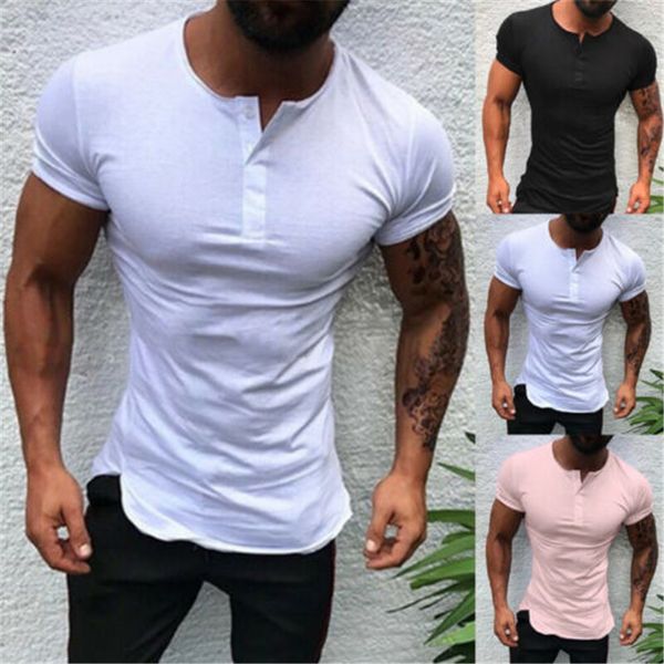 

2020 popular summer casual solid color short sleeve round neck pullover button fit men's t-shirt, White;black
