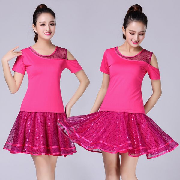 

new square dance costume summer short-sleeved skirt set latin dance skirt costumes, Black;red