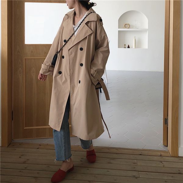

2019 new arrival autumn khaki trench coat women casual fashion cotton with belt long coat for women ym605, Tan;black