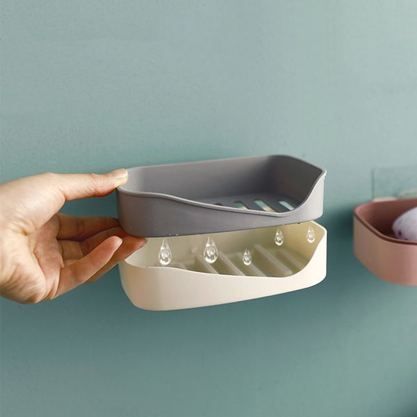 

wall mounted self adhesive soap sponge dish no drilling storage box rack shelf double drain soap dishes bathroom accessories