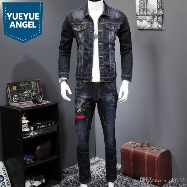 

spring 2019 new fashion men's 2 piece sets vintage embroidery long sleeve slim denim jacket coats and jeans pants man clothes, Gray