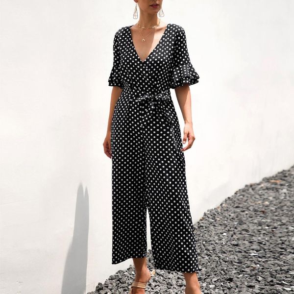

women bodysuit high waist dot v-neck wide leg jumpsuit ladies lace up half sleeve playsuit jumpsuit body femme #2o16, Black;white