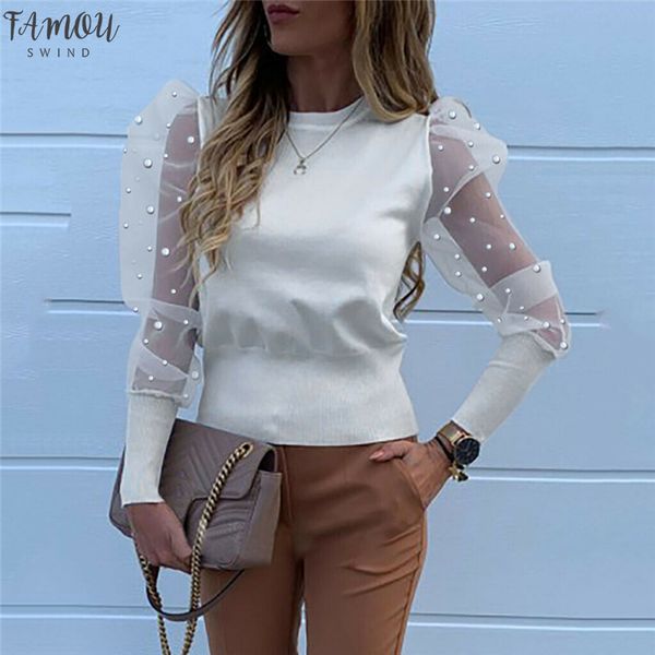 

fashion 2020 women o neck blouses mesh tulle ruffle shirts long puff sleeve shirt solid color lady shirts autumn women ol, White