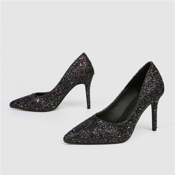 

2019 spring and autumn new sequin ultra high heel pointed shoes stiletto high heel fashion classic banquet women's shoes, Black