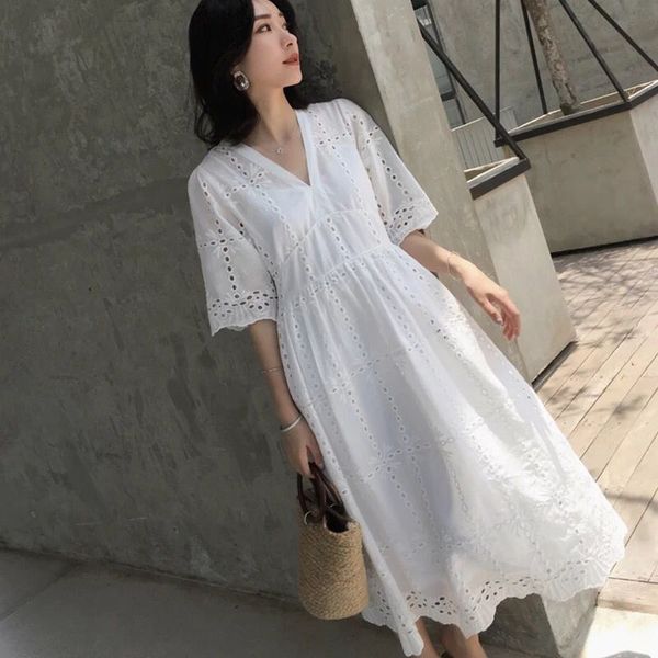 

822# summer korean fashion white cotton maternity dress elegant hollow out slim clothes for pregnant women pregnancy clothing