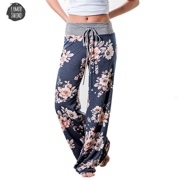 

elastic waist pants autumn women flower print drawstring wide leg pants loose long trousers straight female plus size trousers, Black;white