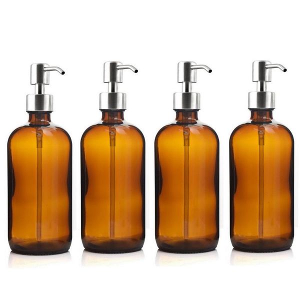 

storage bottles & jars 4pcs 500ml amber glass pump bottle with stainless steel lotion for bathroom essential oils shampoo liquid soap dispen