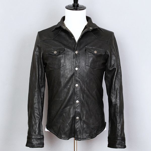 

fashion 2020 fold sheepskin genuine shirt men real leather jacket mens thin slim fit black casual coat