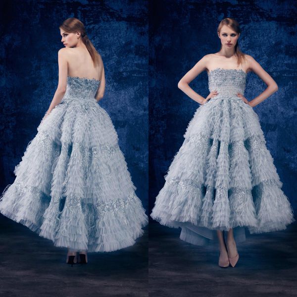 

elegant a line prom dresses strapless lace ruffles feather custom made prom evening gowns ankle length tiered special occasion dress, Black