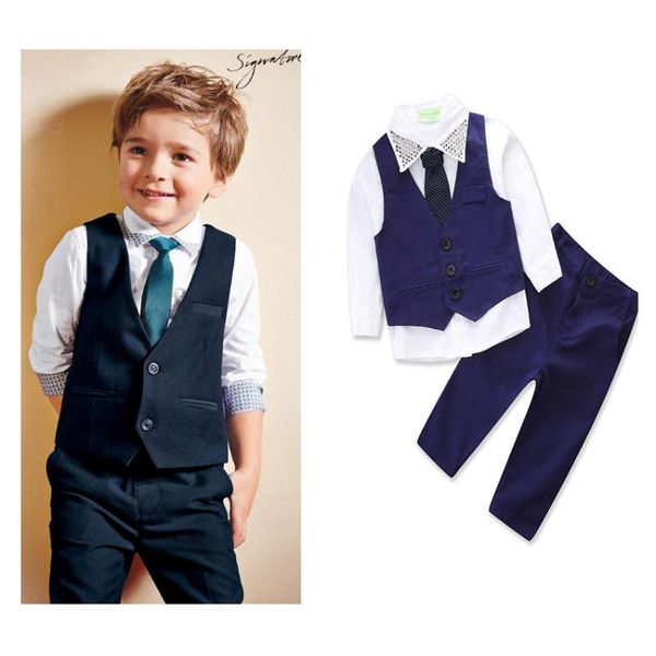

children boy clothing set british gentleman long sleeves shirt+ jacket vest + long pants trousers + tie four-piece children suit, White