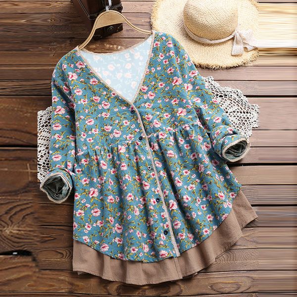 

womens and blouses vintage thicken floral print long sleeves v-neck bodice blouse plus size feminino shirt holiday @35, White