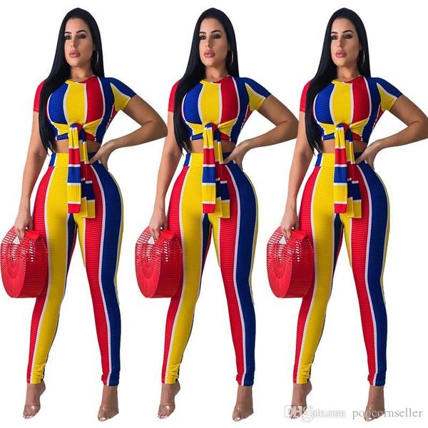 

2pc outfits fashion ribbon halter skinny two piece set fashion women clothes rainbow pirnting women, Gray