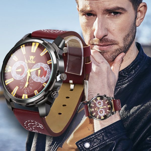 

роскошные мужские часы бизнес большой циферблат часы мода кожаный пояс кварцевые часы топ бренд мужчины наручные 2019 кол саати, Slivery;brown