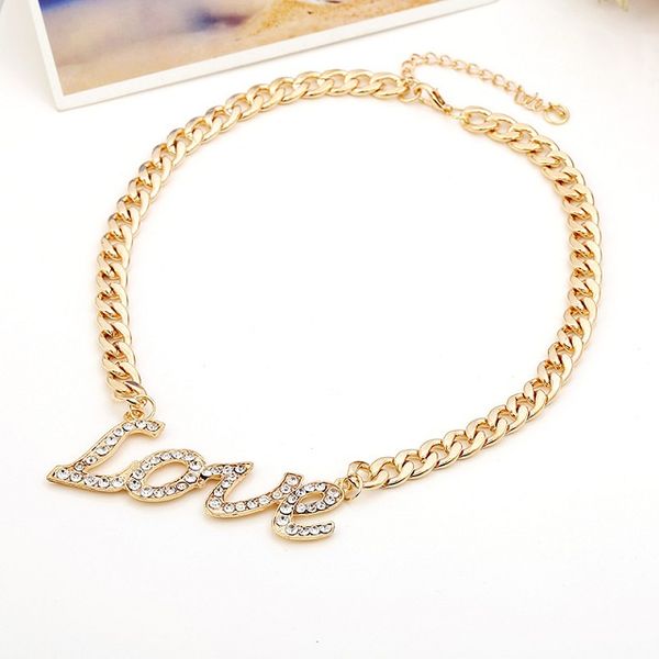 

wholesale- luxury designer exaggerated metal chain diamond rhinestone letter love pendant sweater choker statement necklace for women, Silver