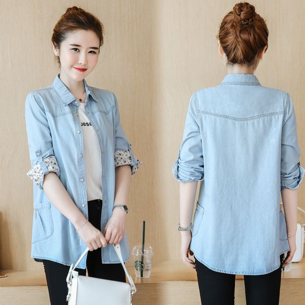 

women's blouses & shirts #3159 spring autumn casual blue denim shirt women slim thin fashion pockets elegant long sleeve lapel collar, White