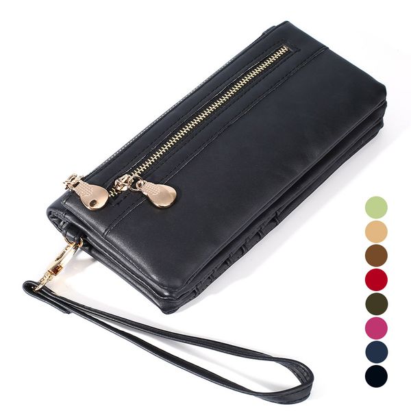 

women fashion vintage double zipper dull polish leather long wallet handbag bvn66