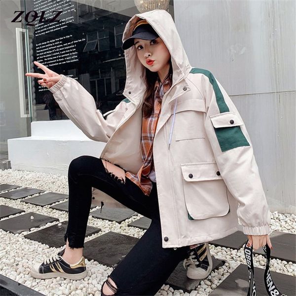 

zqlz spring harajuku spring jackets coats women 2020 new casual hooded black overcoat female plus size autumn coat mujer, Black;brown