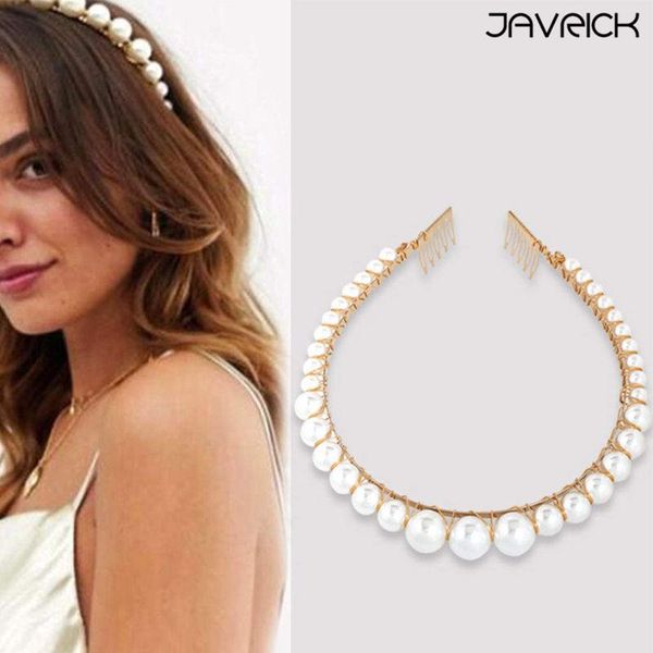 

european retro metallic headband women girls big imitation pearls comb design hair hoop beading wedding jewelry headwear