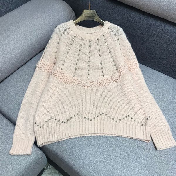 

pink sweater female 2019 new round neck long sleeve beaded handmade hook flower loose mohair sweater, White;black