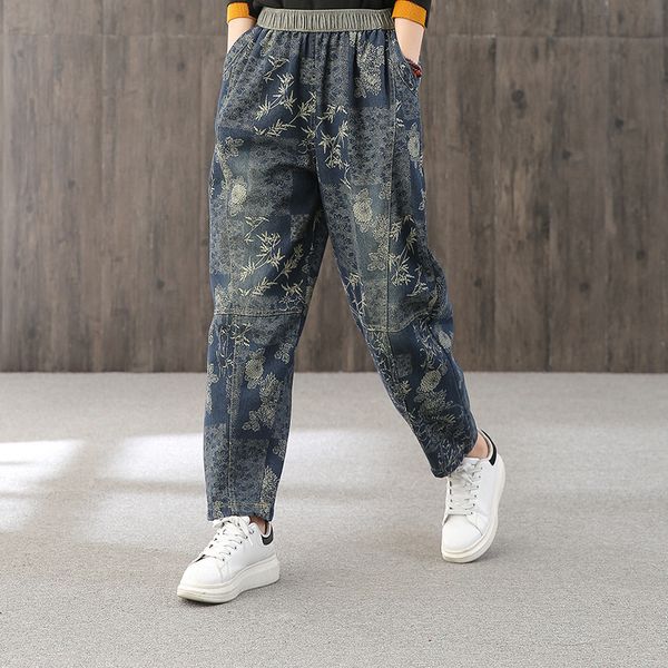 

retro printed jeans women's literary loose casual wild straight pants nine points pants spring, Blue