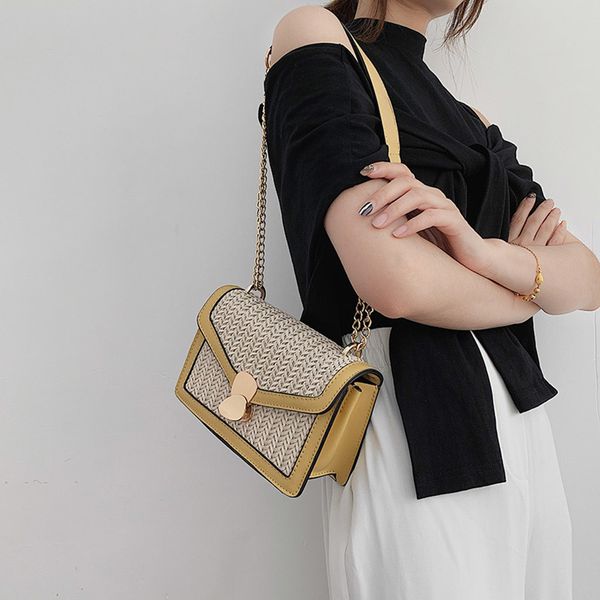 

women's grass weaving small square bag summer shoulder messenger bag chain fashion small square female rivets