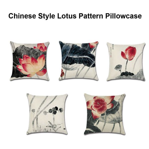 

ink painting cotton linen cushion cover lotus pattern pillowcase cover 45x45cm
