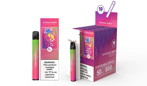 

Новые Vaporlax Одноразовые устройства Электронная сигарета 500mAh Аккумулятор 3мл Ejuice Предварительно заполненные Pod Одноразовая Vape 800 Баффы Испаритель 15 цветов