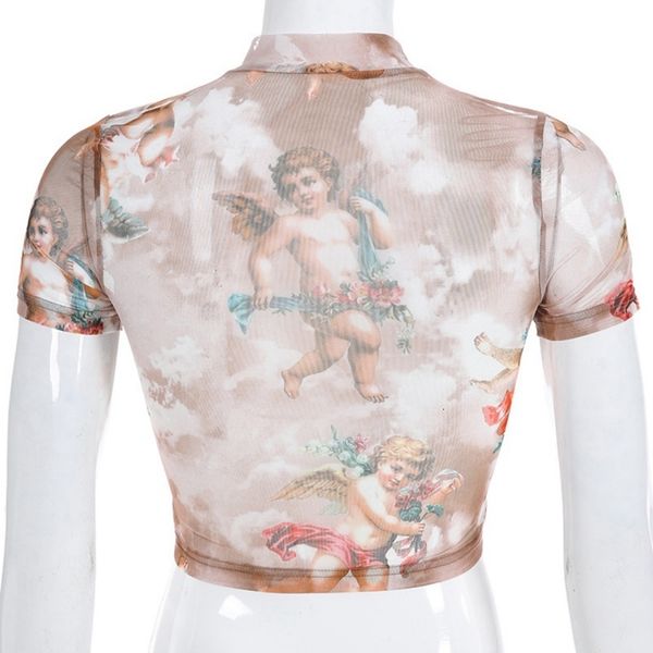 

women tshirt womens designer clothes 2019 fashion angel half high collar tshirt dew navel short sleeve short slim bottoming shirt sexy, White