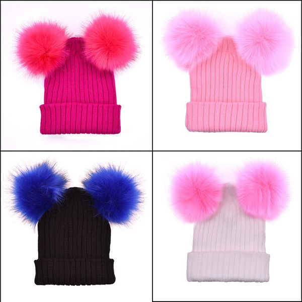 

new in 2017 winter outdoor women warm chunky knit with double plush fur pom pom cute beanie hats, Blue;gray