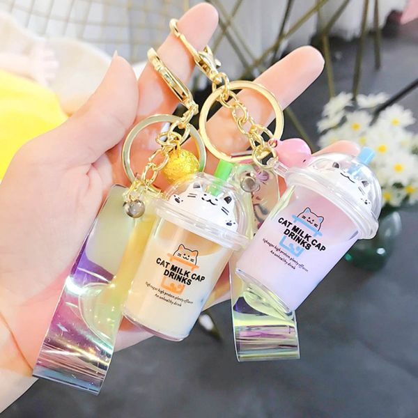 

cartoon cute cat car keychain creative milk cup liquid crystal quicksand sequin key ring bag pendant for women bag key chain, Silver