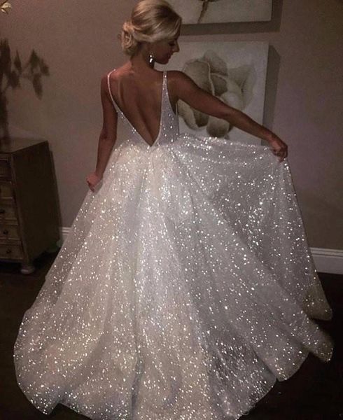 

White Sparkle Sequins Evening Dresses Deep V Neck Sexy Long Prom Dress Cheap Pageant Party Gowns Special Occasion Wear