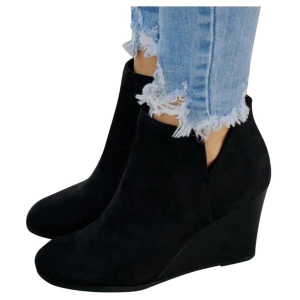

women's pu leather ankle boots women autumn winter suede wedges vintage women punk boots flat ladies shoes botas mujer #yjg, Black